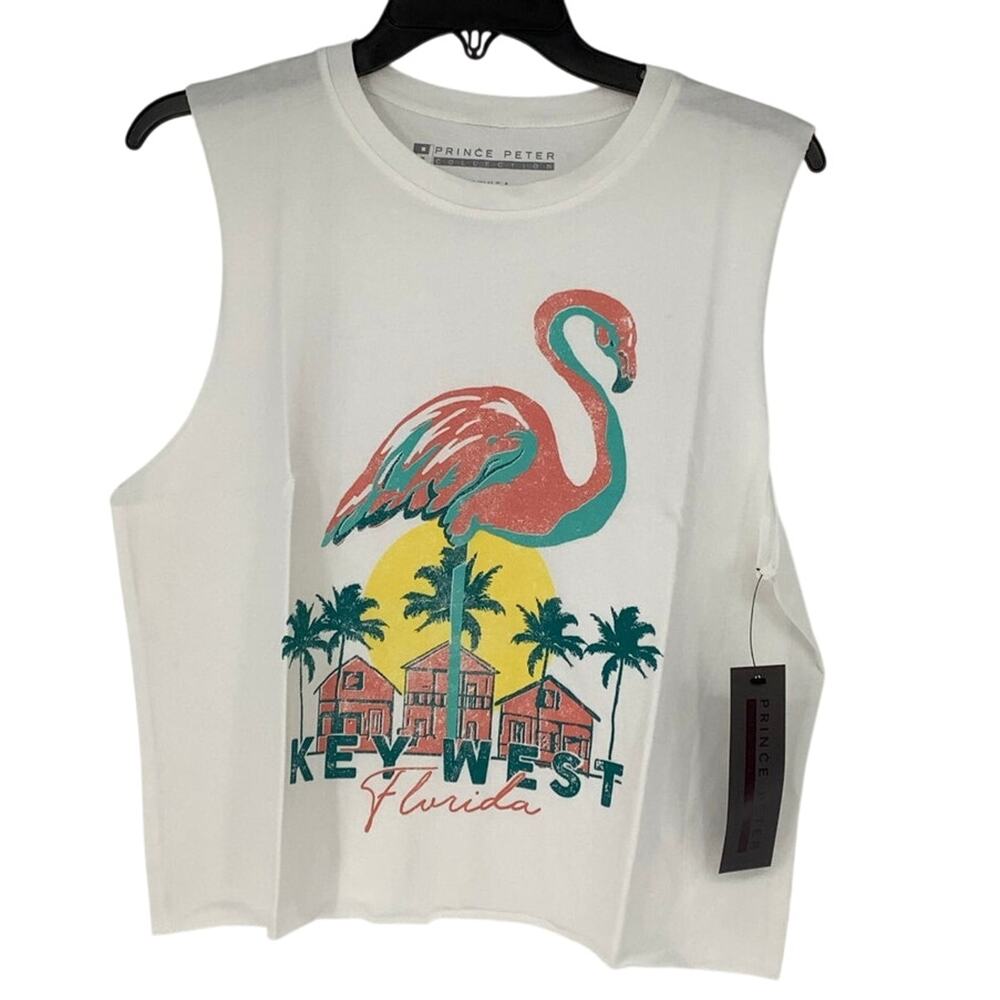 Prince Peter Women's Medium Flamingo Key West Florida White Tank Top USA M25-17